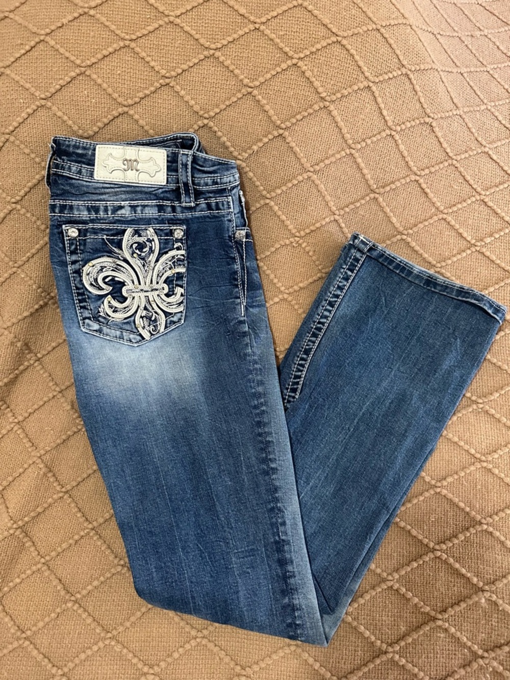 Miss Me Dark Blue Bootcut Jeans with Embroidered Fleur Pocket